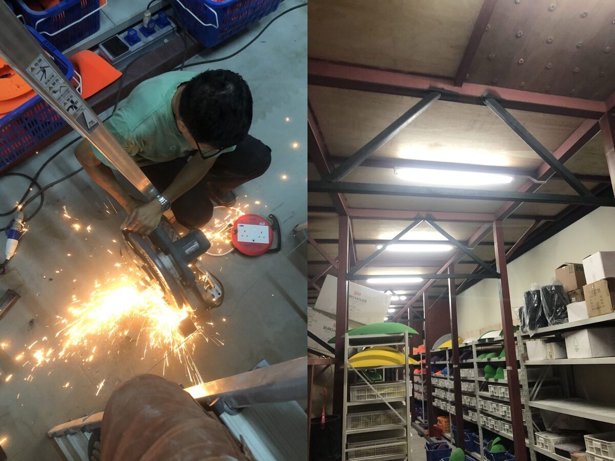 On-site welding and completed steel reinforcement for a bouldering wall