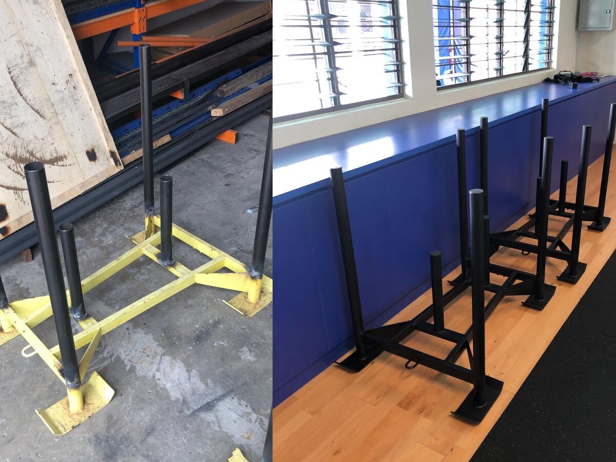 Before and after refurbishment of worn sports and fitness equipment