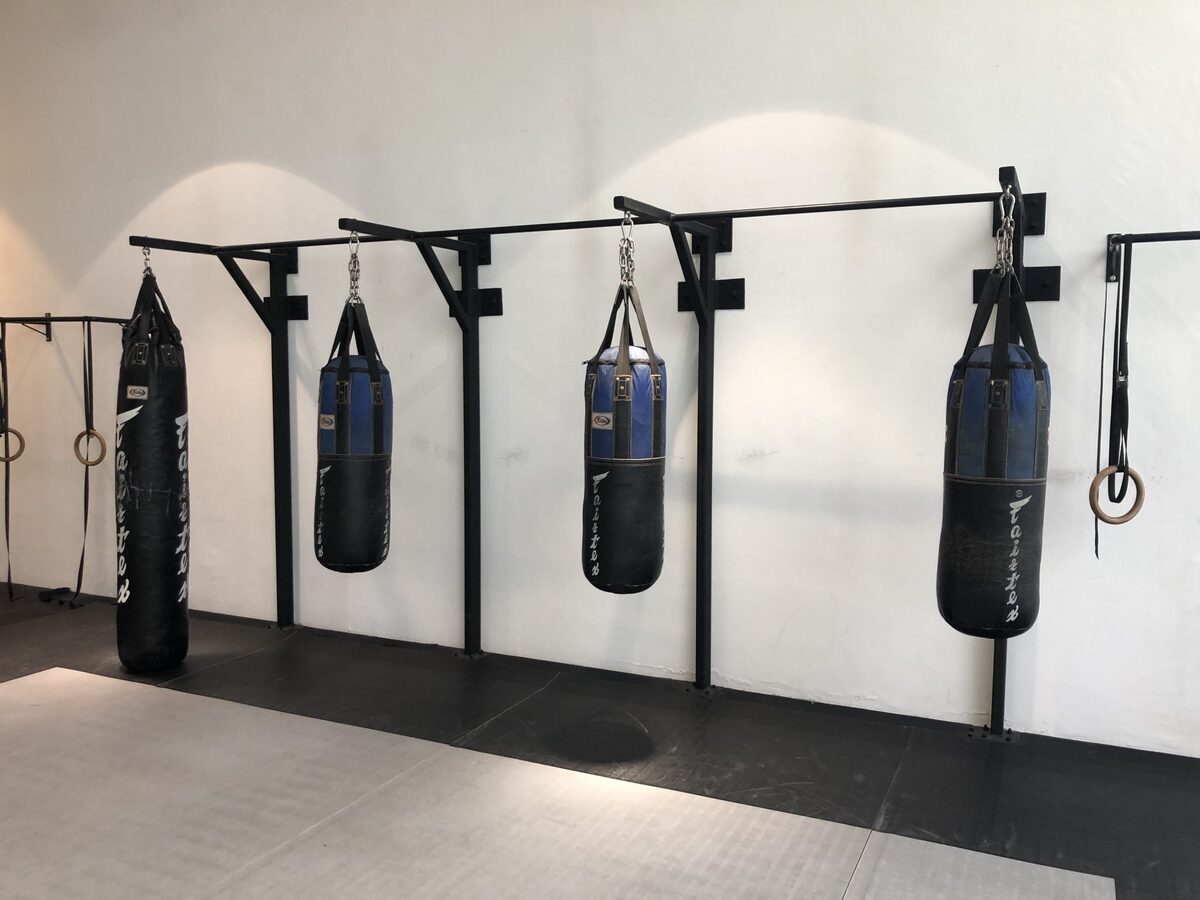 Pull-up bars welded onto existing boxing bag mounts